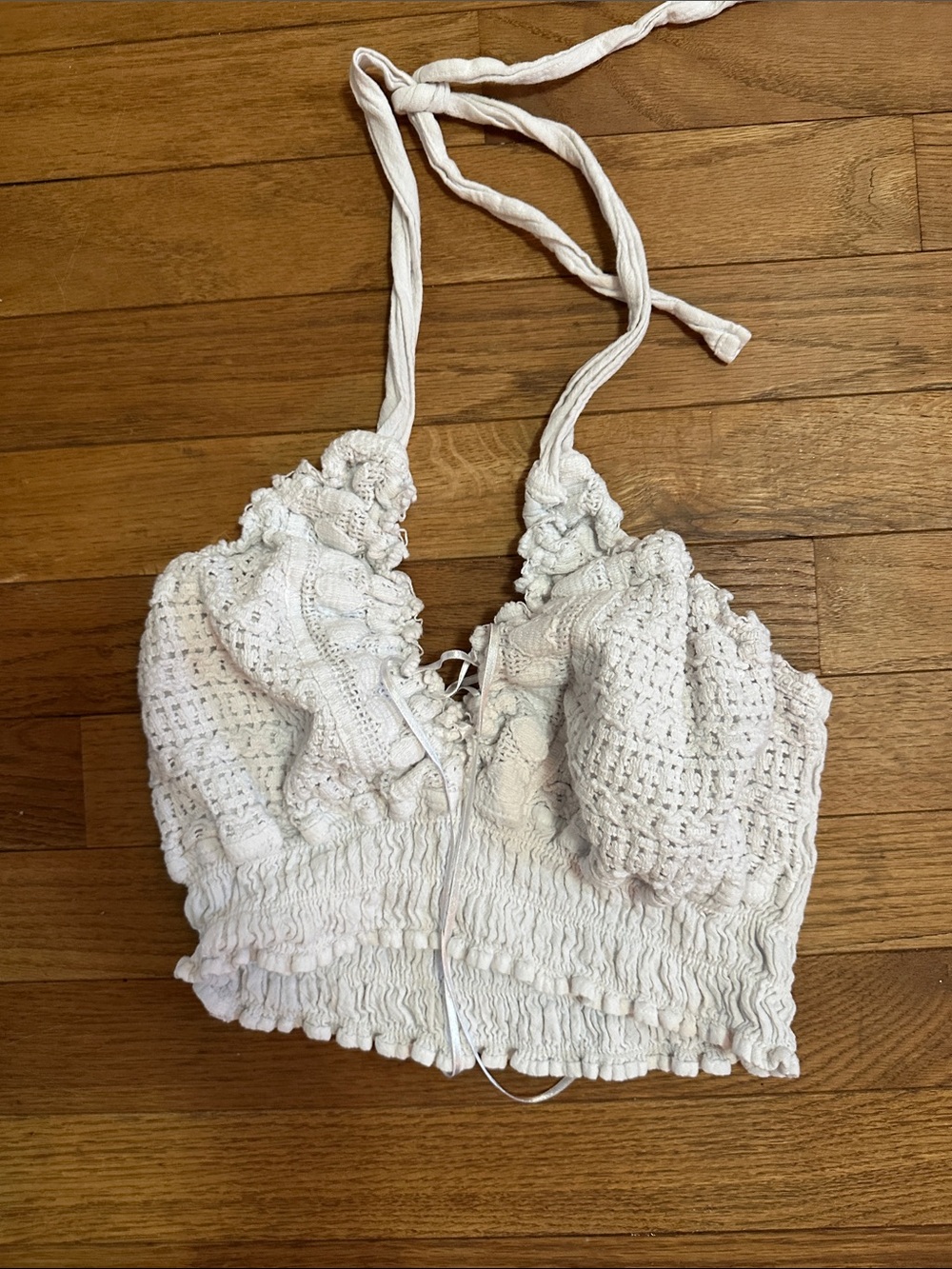 White Crochet Tie-Halter Smocked Crop Camisole